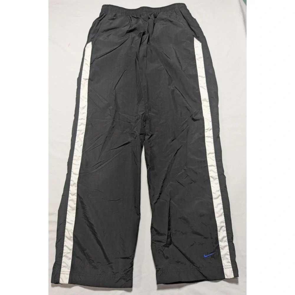 VTG 90s NIKE Men Large Black Track Pants White Side-Stripe Blue Ankle Swoosh EUC